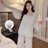 Autumn Long-sleeved Pajamas Women's with Chest Pads, Mesh, Sweet Lace Princess Style Trousers Set, Loungewear