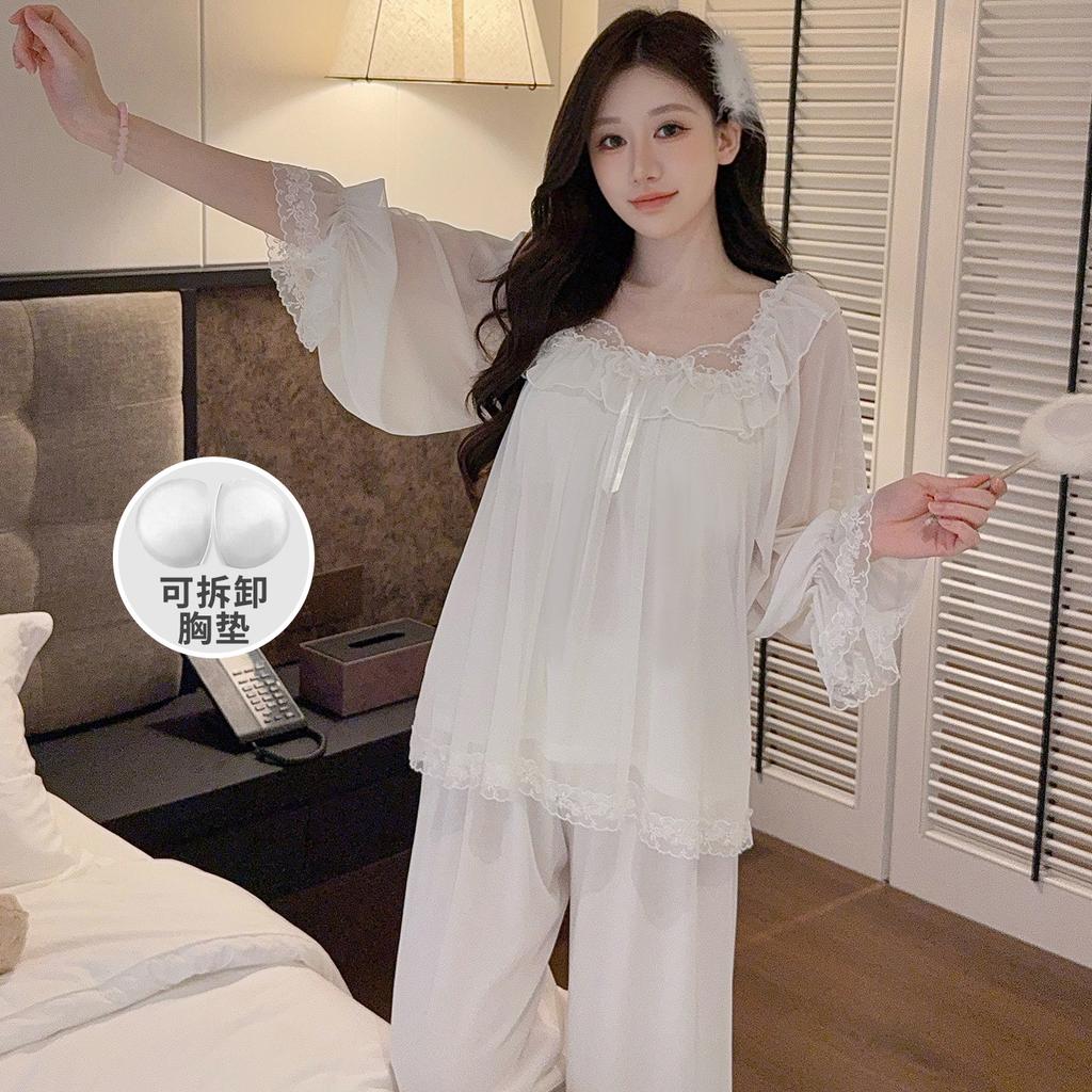 Autumn Long-sleeved Pajamas Women's with Chest Pads, Mesh, Sweet Lace Princess Style Trousers Set, Loungewear