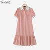 ZANZEA Women Elegant Doll Collar Summer Casual Short Sleeve Grid Print Dress