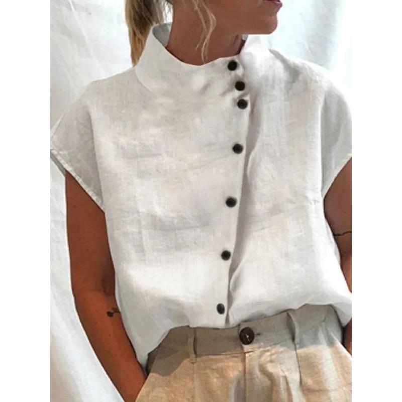 Chemise Décontractée Confortable à Manches Courtes pour Femme avec Col Montant et Boutons