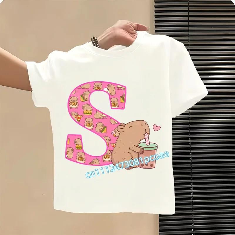 Capibara Cute T-shirt Kids Anime Capybara Letter A-Z Tees Girls Summer Short Sleeve Polyester Tops Children Clothes Gift Hot Sales