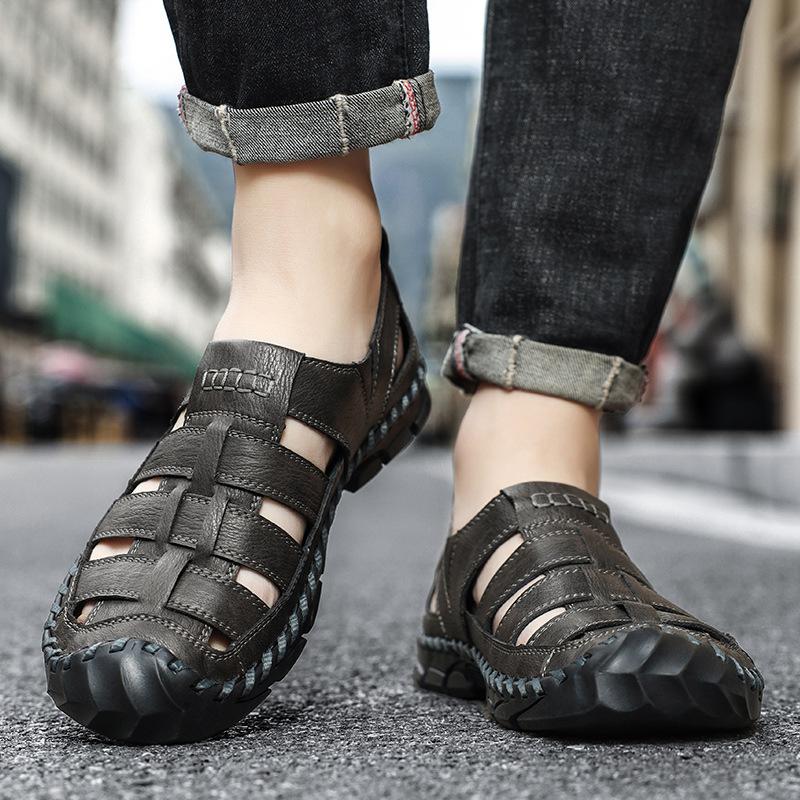 Sandals Summer Closed Toe Genuine Leather Outdoor Driving Men's Soft Bottom Non-Slip Wading Hollow Hole Sports Beach Shoes