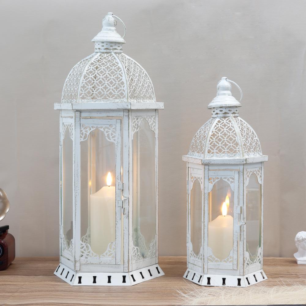 Set of 2 Decorative Candle Lanterns 22"&17"Outdoor vintage Metal Candle Holder Home Decor(White with Gold Brush))