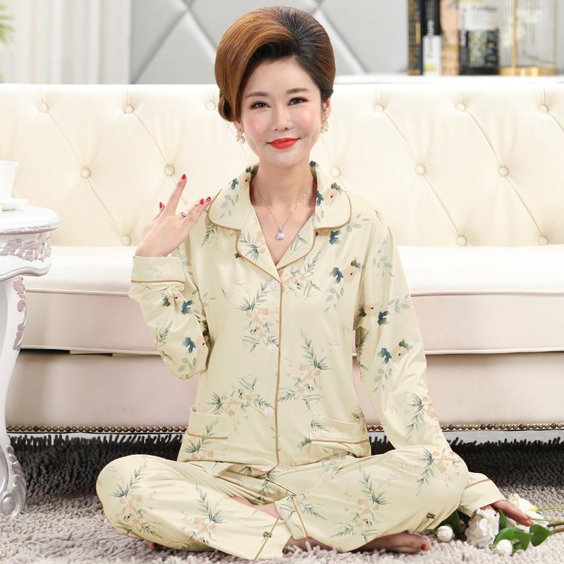 Frühlings- und Herbstpyjama Damen Imitationsbaumwolle langärmelig dünn hochwertig reiche Blume Mutter Loungewear-Set