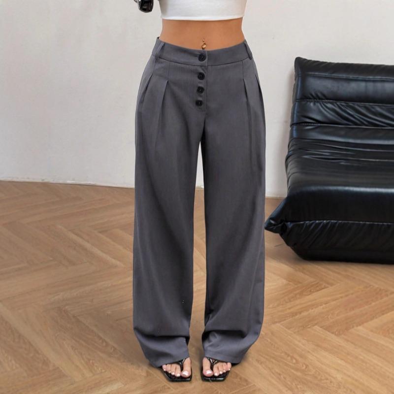 Women's Retro Design Buttoned Casual Trousers for Women Commuter Style Draped Wide Leg Pants for Women