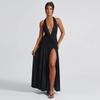 Letní Nové Dámské Oblečení Temperament Halter Neck Výstřih do V Dlouhá Sukně Sexy Rozparek Plisované Bez zad