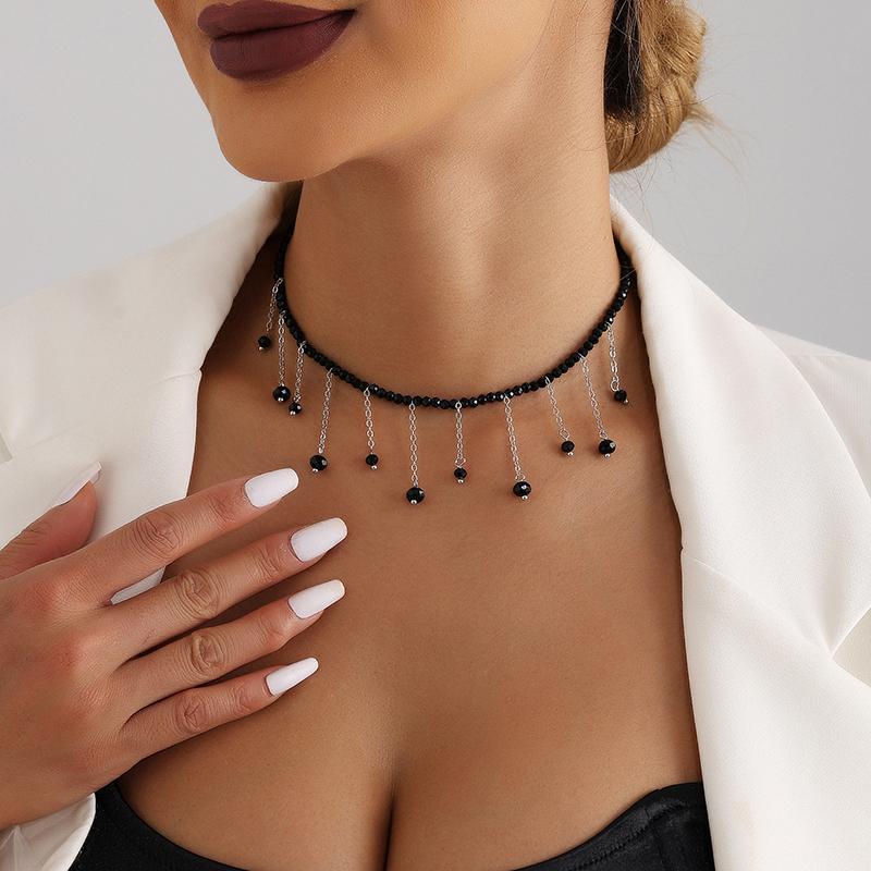 Vintage Black Bead Chaintassel Pendant Necklace For Women Boho Simple Choker Jewelry Gift