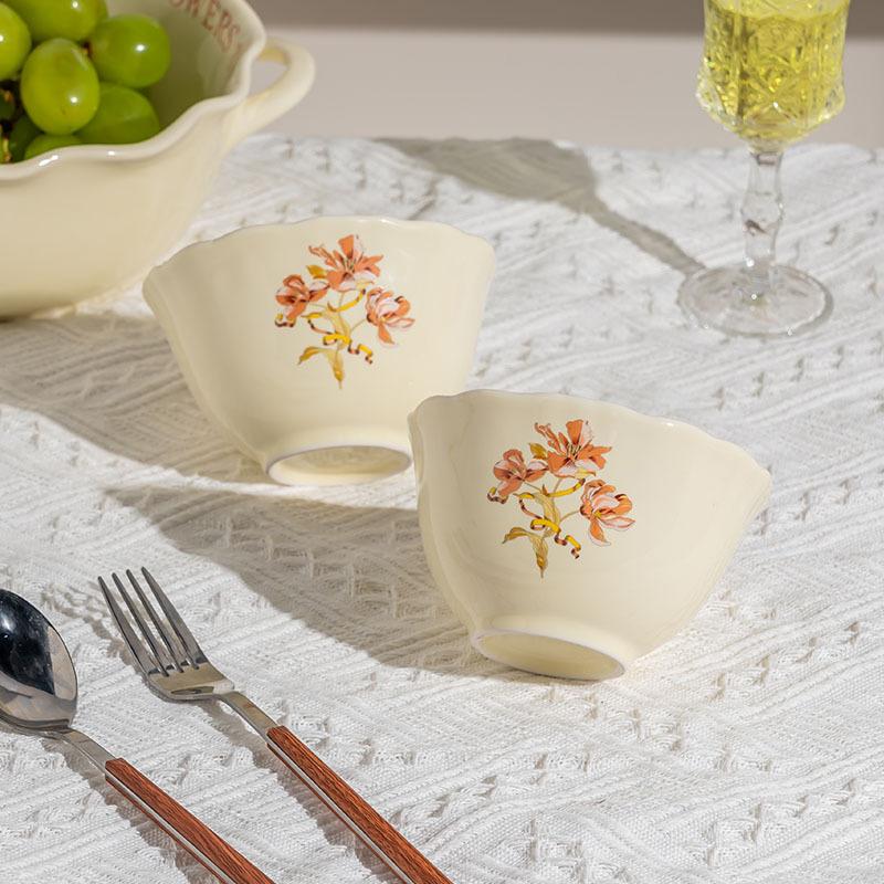 French Flower Ceramic Tableware Simple Cream Wind Bowl Set Household Rice Bowl Soup Bowl High Value Bowl