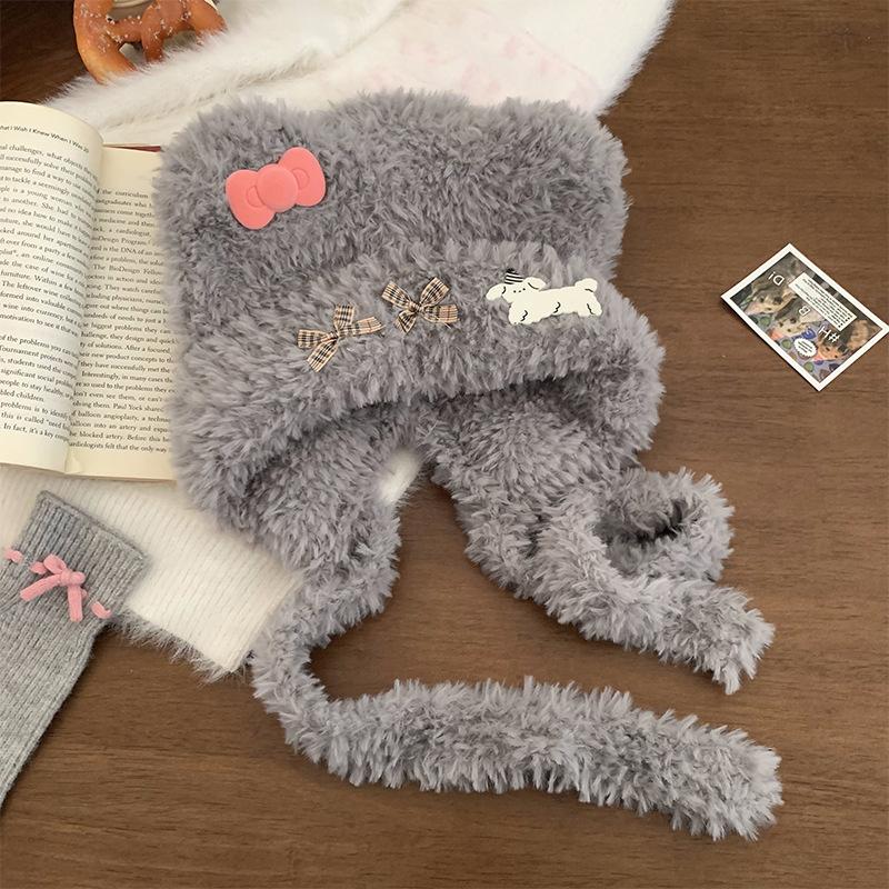 Cute bow bear cat plush hat female autumn and winter show small face warm ear protection big head circumference hat