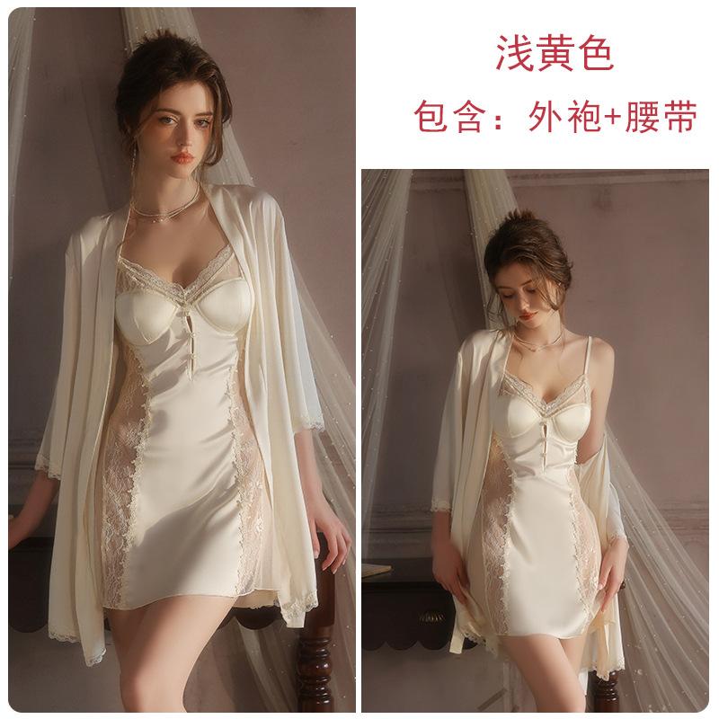 

Pure desire perspective mesh underwear sexy deep V plus chest pad temptation satin nightdress robe women s suit one size fits all