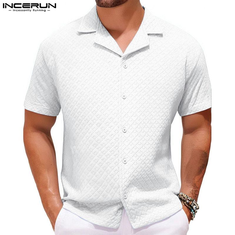 INCERUN Oversized Men Lapel Neck Short Sleeve Texture Buttons Up Casual Shirts