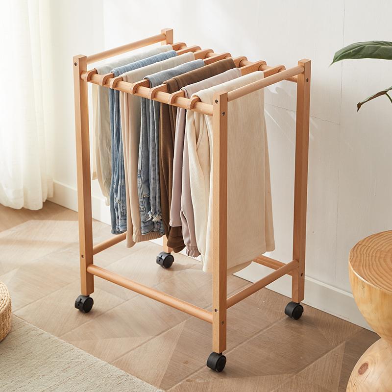 Solid Wood Pant Rack - Foldable Garment Organizer with 10 Hangers, Rolling Trouser Holder for Walk-In Closet, Bedroom & Laundry