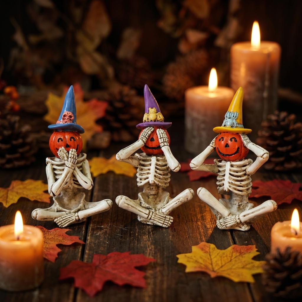 Halloween Skeleton Pumpkin Figurines Set of 3 Creative Sitting Skeleton Decorations with Witch Hats for Seasonal Home Display