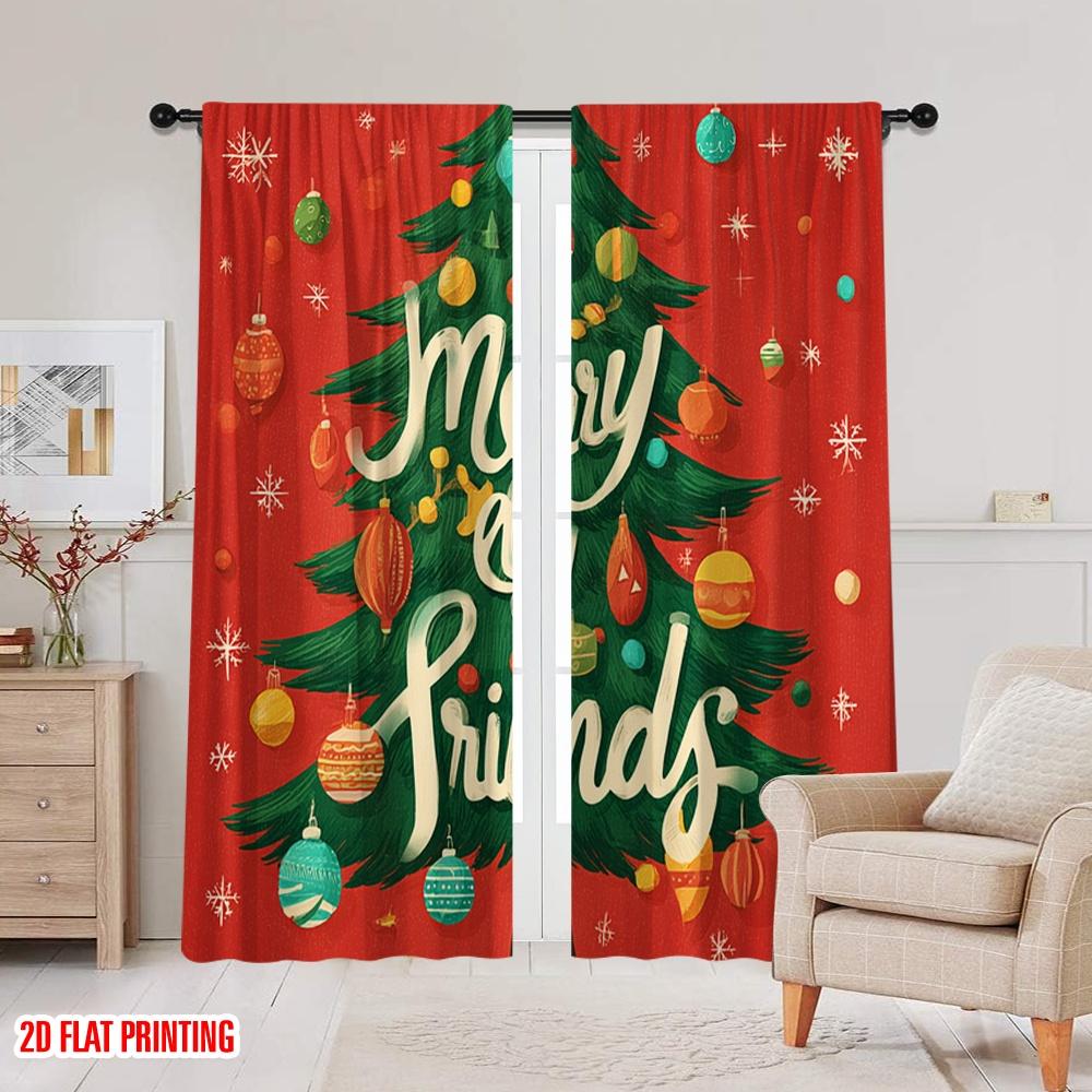 2pcs,2D plane printing Window Curtain Preety Christmas Tree Versatile Durable Polyester (without rod) Decorations For Home Ldeal