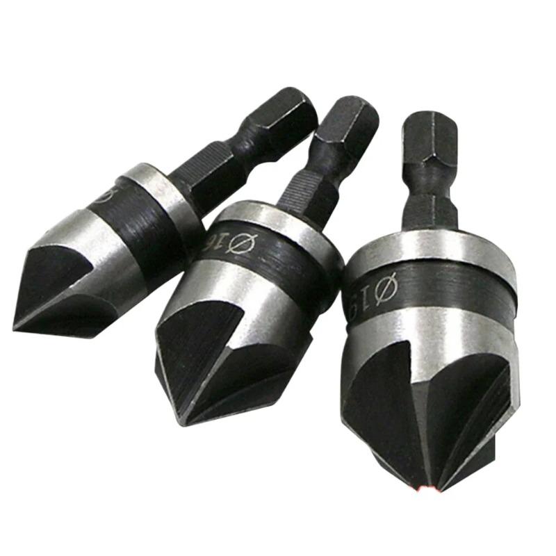 3PCS  90° 5-Flute Countersink Drill Set - Hex Shank Chamfer Tool for Wood (12/16/19mm) Hole Deburring & Opening | Professional