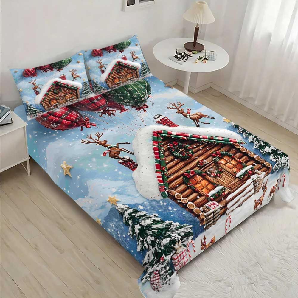 Lifesmells 3/4Pcs Christmas Cabin Balloon Deer Blue Duvet Cover Set Festive Winter Scene With Snowy Cabin Reindeer And Balloons