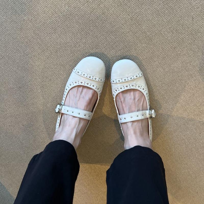 Sheepskin Version~ Round Head Rivet Mary Jane Women's Shoes Shallow Mouth One-word Buckle Single Shoes Versatile Flat Ballet Shoes