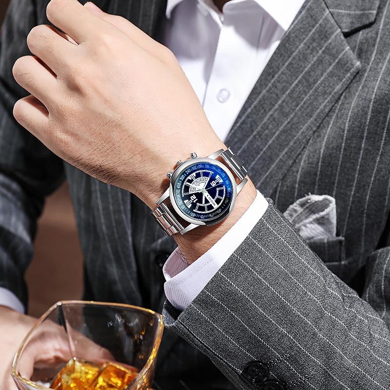 Gd282 Men's Quartz Steel Belt Watch Holiday Calendar Business Casual Blue Glass Logo Print Available Characters)
