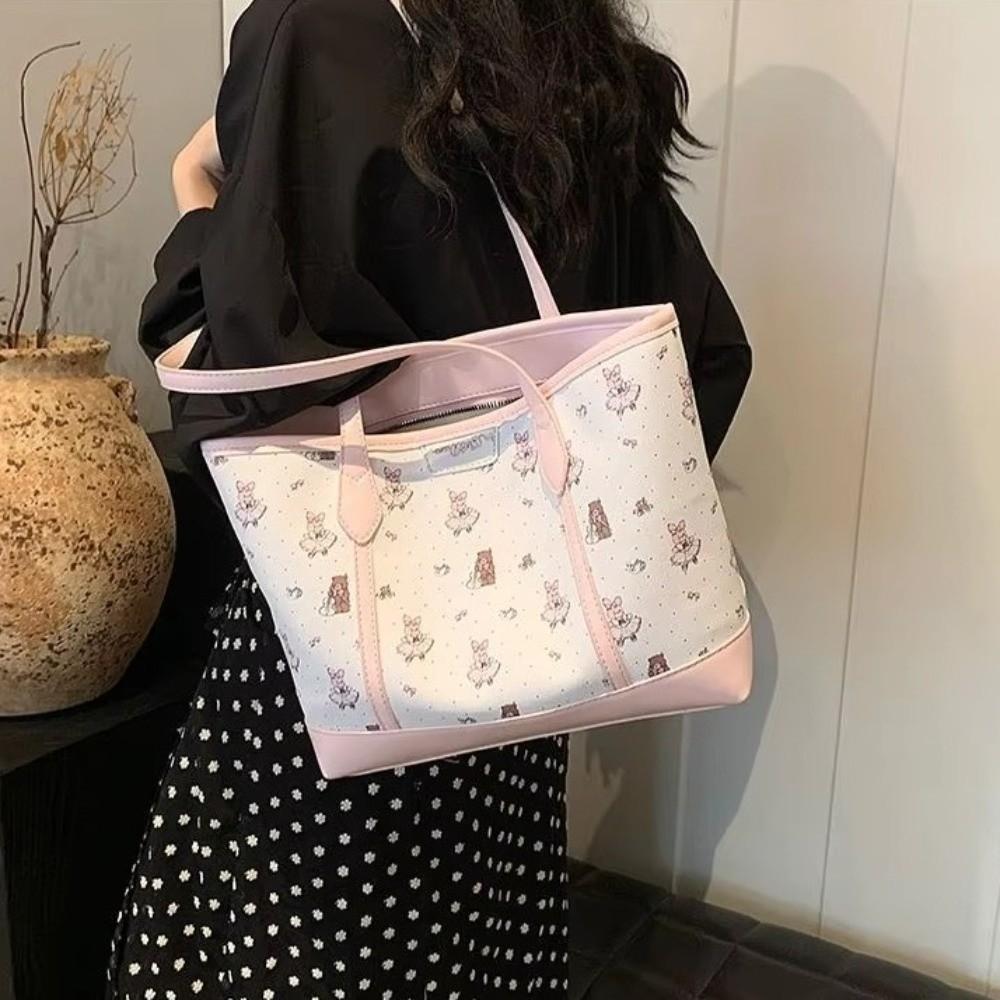 Cartoon Aesthetic Print Handbag Bear Rabbit Print Tote Bag Portable Commuting Bag  College Students