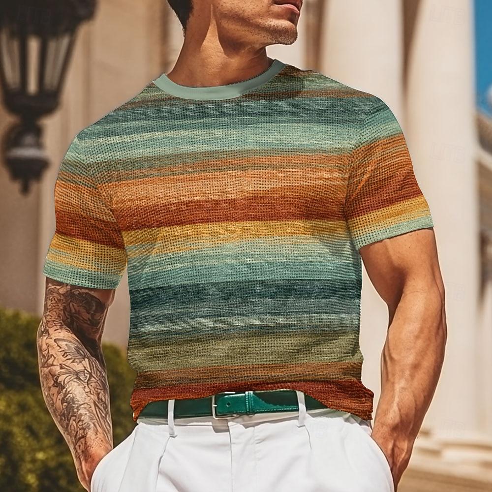 

Men s Geometric Horizontal Stripes Waffle Shirt Short Sleeve T shirt 3D Print Crew Neck Shirt Fashion Casual Comfortable XL