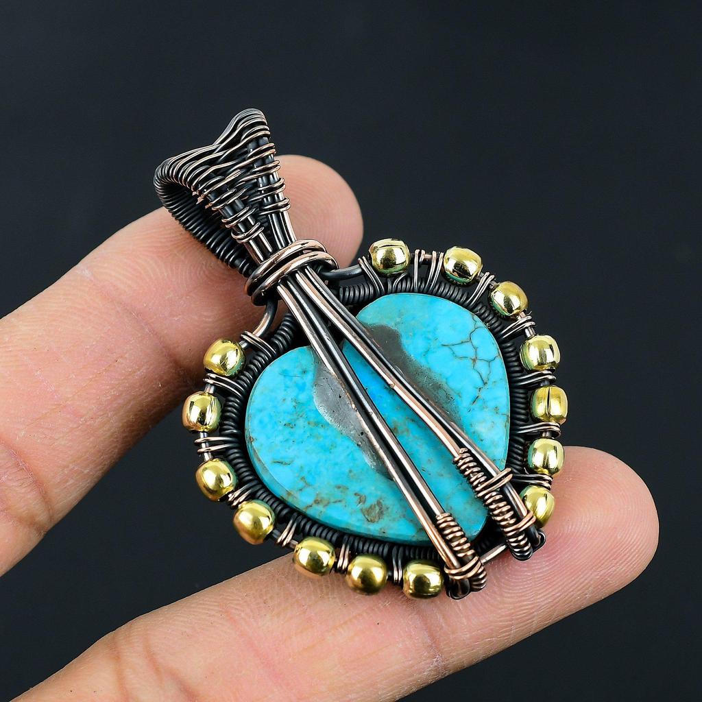 Handmade Wire Wrapped Turquoise Heart Pendant Oxidized Copper Jewelry Heart-Shaped Gemstone Pendant for Women