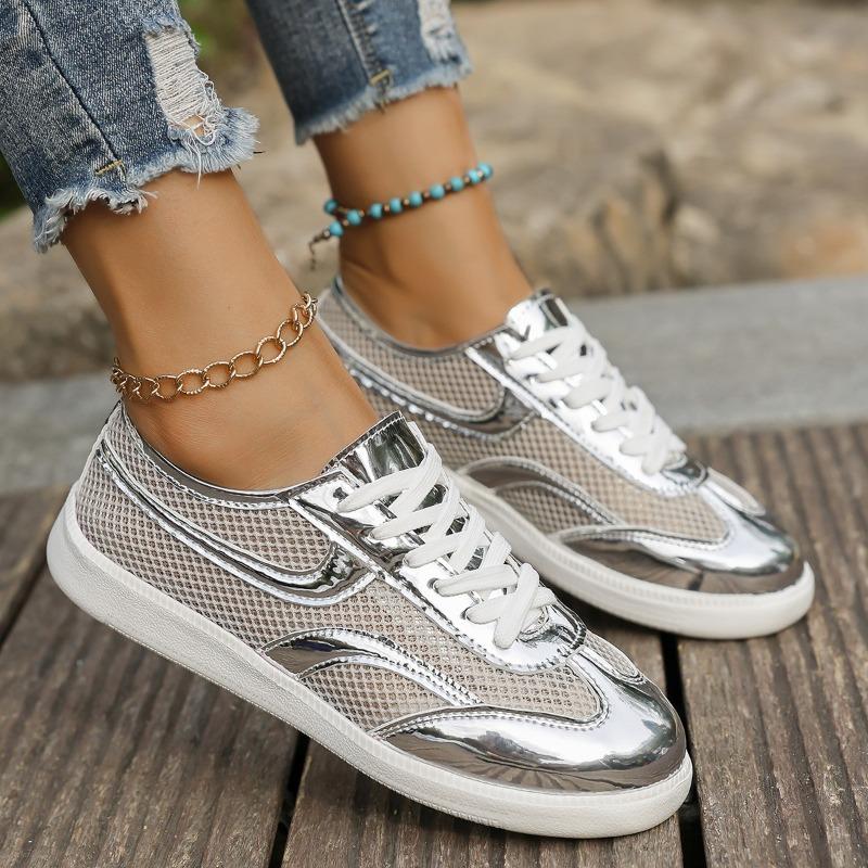 Fashion Fashion Sneakers Autumn New Round Toe Spliced Mesh Front Lace-Up Soft Sole Non-Slip Wear-Resistant Flat Single Shoes