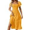 Fashionable Women's Square Neck Puff Sleeve Floral Dress Long Skirt