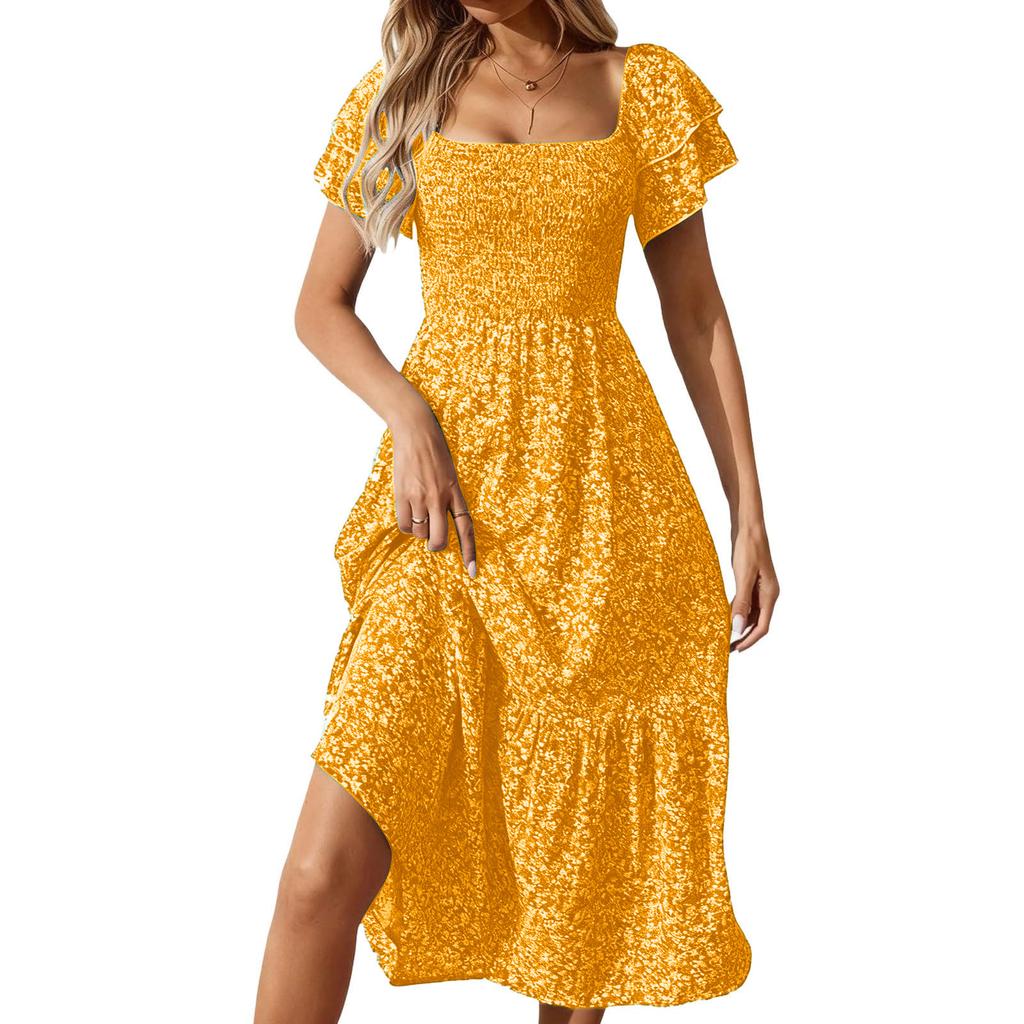 Fashionable Women's Square Neck Puff Sleeve Floral Dress Long Skirt