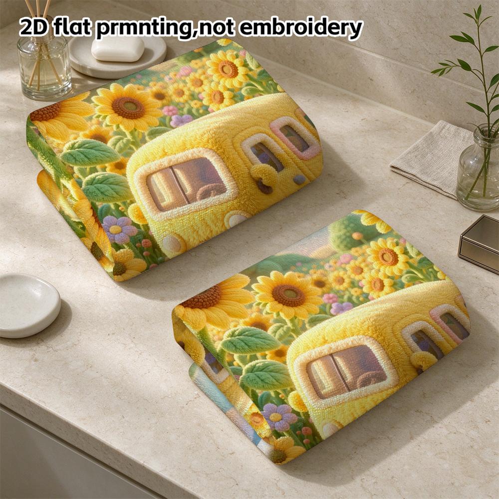 Felt Sunflower Van Towel, Quick Dry Absorbent Towel, Wool Texture Cute Print, Soft Face And Bath Towel