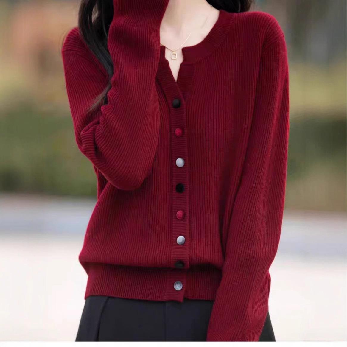 

Solid-color Sweater Cardigan Loose V-neck Knitted Coat for Women Spring and Autumn Casual Thickened Knitted Cardigan XL вино красного