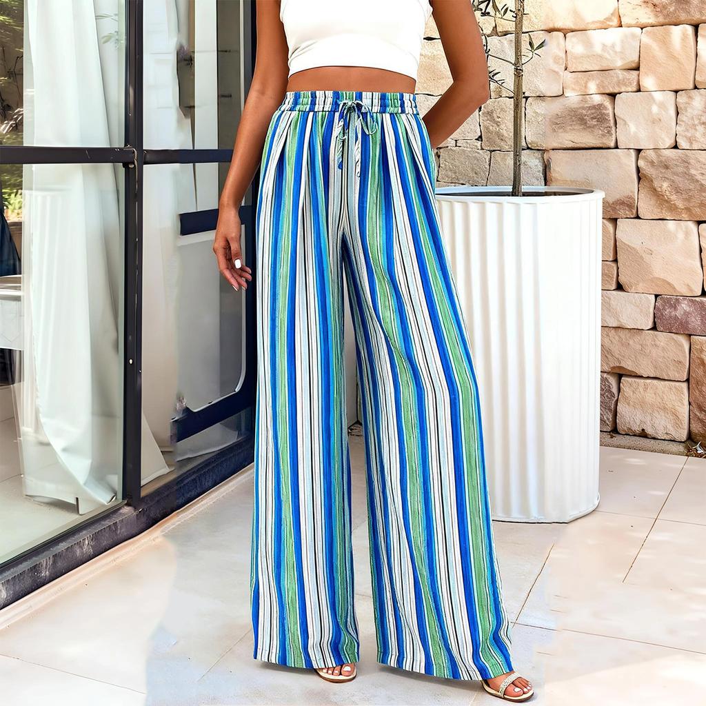 Women's Casual Summer Pants Elastic Waist Wide Leg Trousers Vertical Striped Print Lightweight Breathable Fabric Comfortable Fit