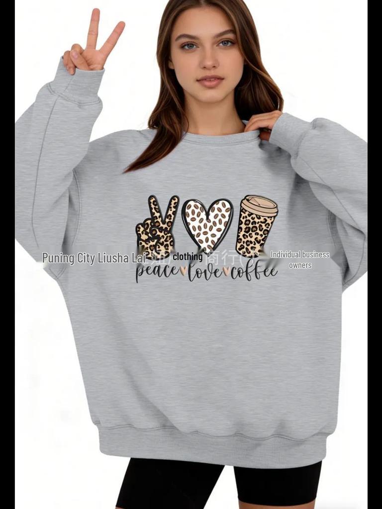American Style Oversized Leopard and Heart Print Autumn/Winter Women's Top