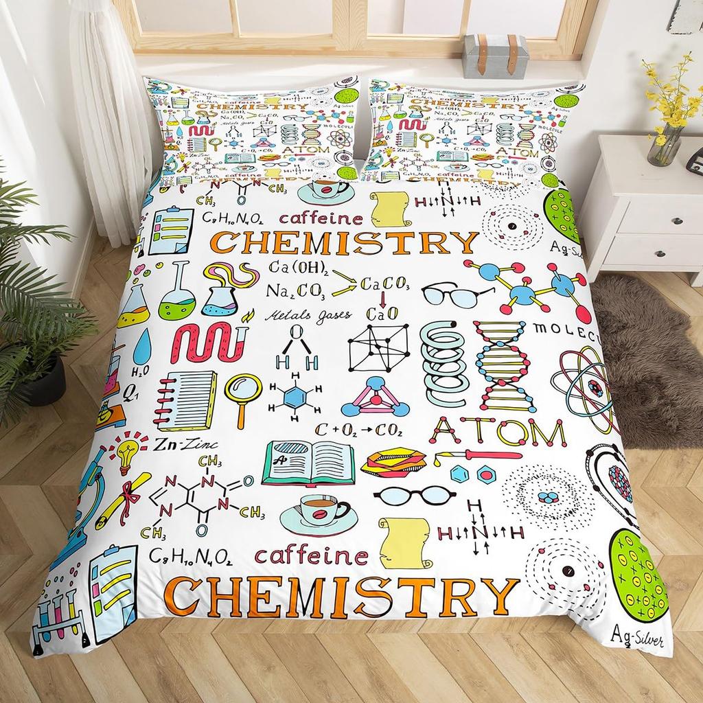 Science Formula Bedding Set Queen Chemical Elements Science Theme Duvet Cover for Boys Girls School Educational Dorm Room Decor