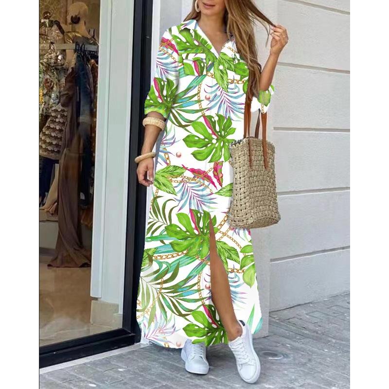 Dames Casual Dagelijkse Lange Mouw Omgeslagen Kraag Jurk Knopen Kettingen Print Mode Streetwear Jurk Losse Lange Jurk