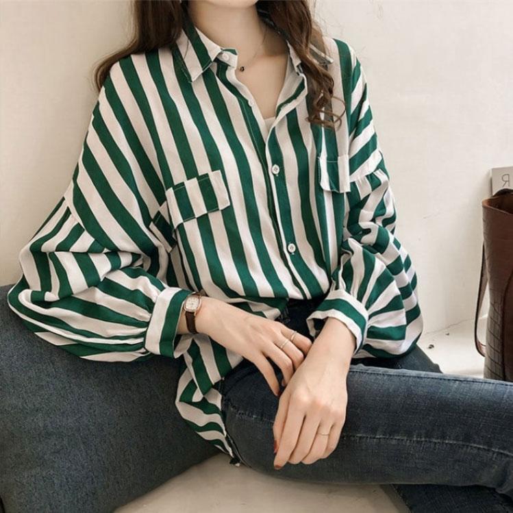 Plus Size Casual Office Lady Women Clothing Korean Pocket Turn Down Collar Striped Shirt Blouses Long Sleeved Top