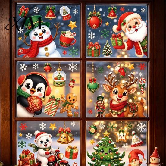 Easy Paste Window Decorations 6Pcs Christmas Cling, Santa Snowman Penguin Reindeer Static Glass Removable Holiday Decals for Storefront, No
