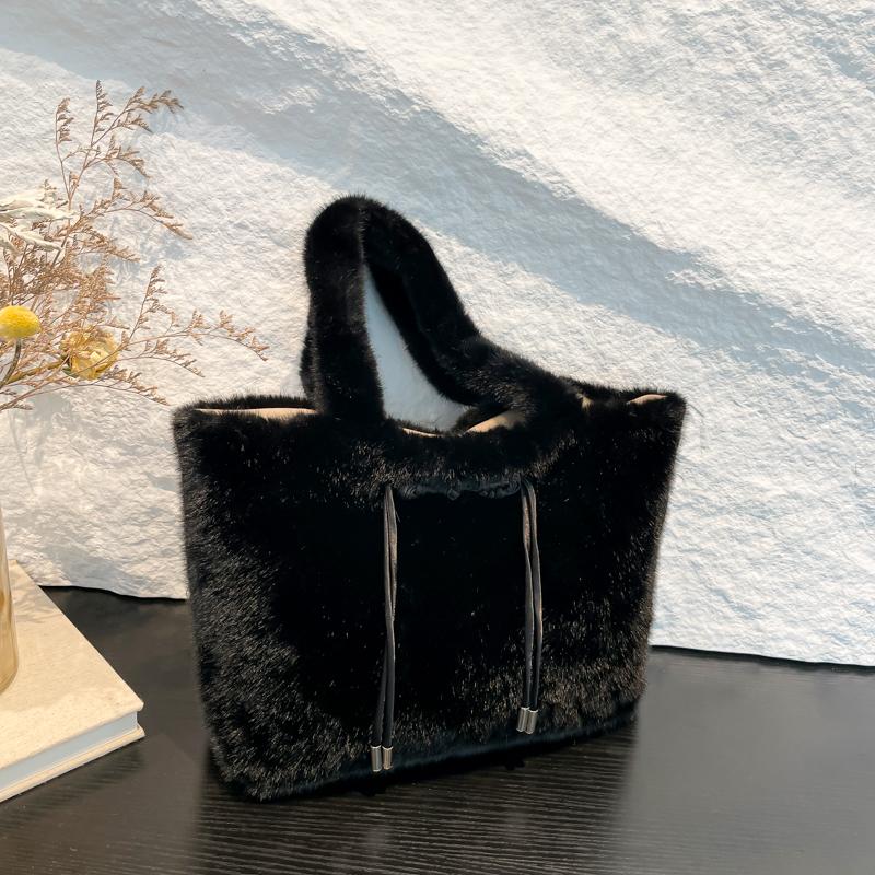 Puffer Handbag Women's Bag Faux Fur Shoulder Bag Autumn Winter Plush Tote Bag Casual Fuzzy Large Capacity Shopping Bag 2023 New