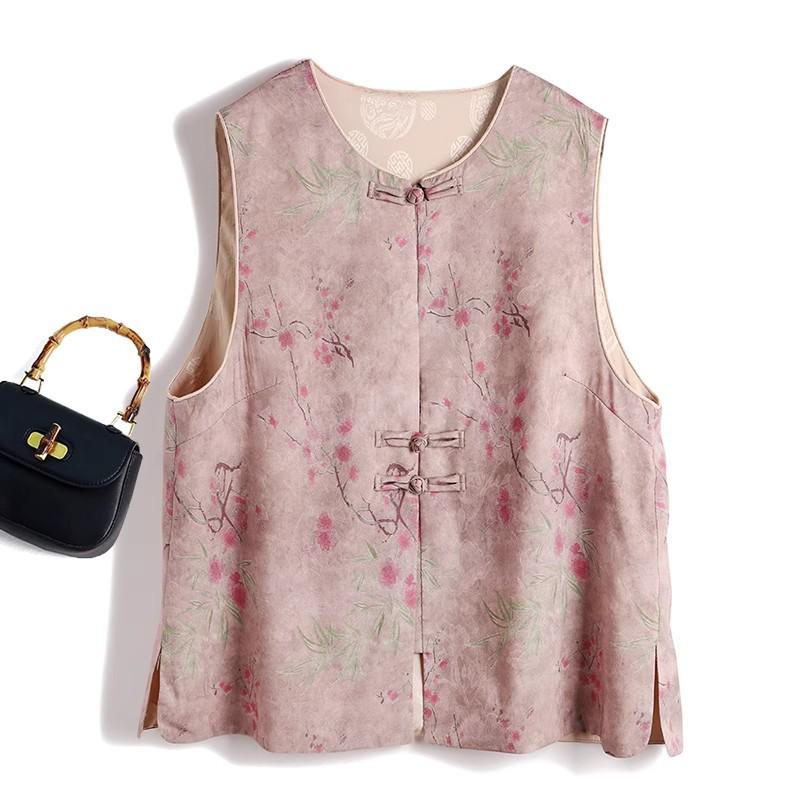 

Retro Chinese Style Frog Button Vest – Women s Spring/Summer Slim-Fit Round Neck Slit Print Jacket X-Large рожевий