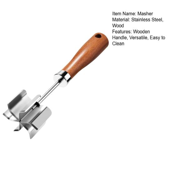 Köttfördelare i rostfritt stål med 6 vassa blad Trähandtag Nötfärsmaskare för hamburgare Potatis Grönsaksmos Lätt att rengöra Köksredskap