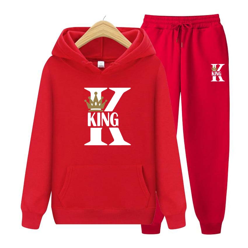 Noblek Herren Hoodie & Jogginghosen Set, Auffällige King K Buchstabenkunst mit kleinem Kronen-Akzent, Dickes Fleece Sportanzug für Outdoor-Freizeitspaziergang