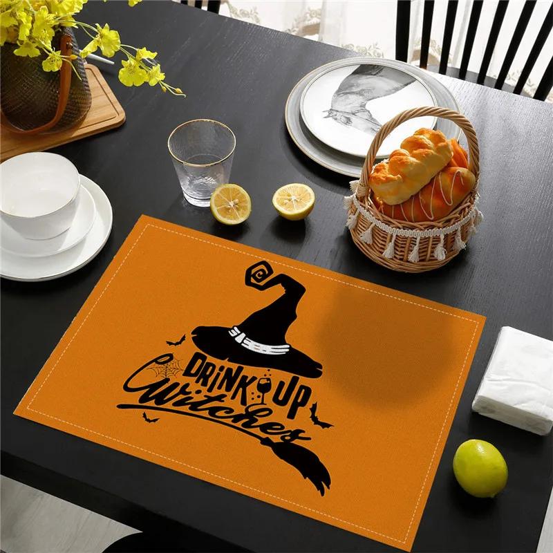 6PC Halloween Pumpkin Black Cat Placemats Festival Kitchen  Linen Dinning Table Mats Bowl Coffee Cup Pads Mats Home Decor