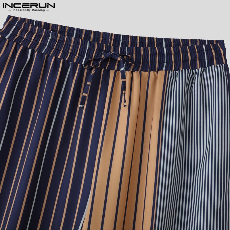 INCERUN Men Casual Elastic Waist Stitching Striped Long Trousers Pants