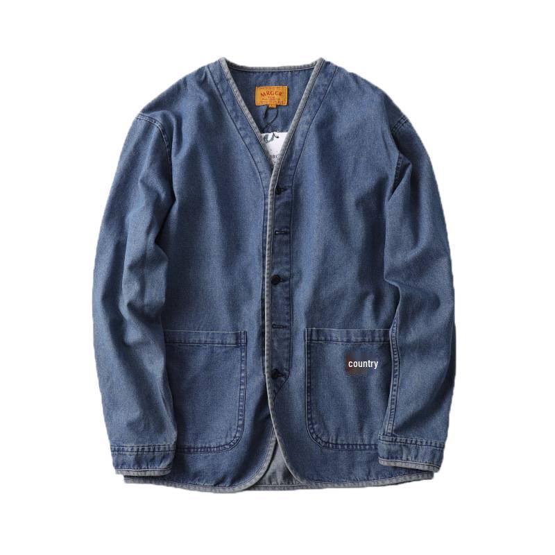 Men's Trendy Japanese Retro Washed Cotton Denim Jacket - Collarless Workwear Style