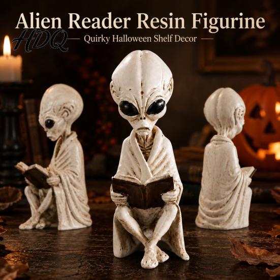 Handheld Book Alien Figurine Sitting Resin Skeleton Statue, Retro Sci-Fi Dark Halloween Ornament, Fantasy Room Accessories Durable Synthetic for Desk