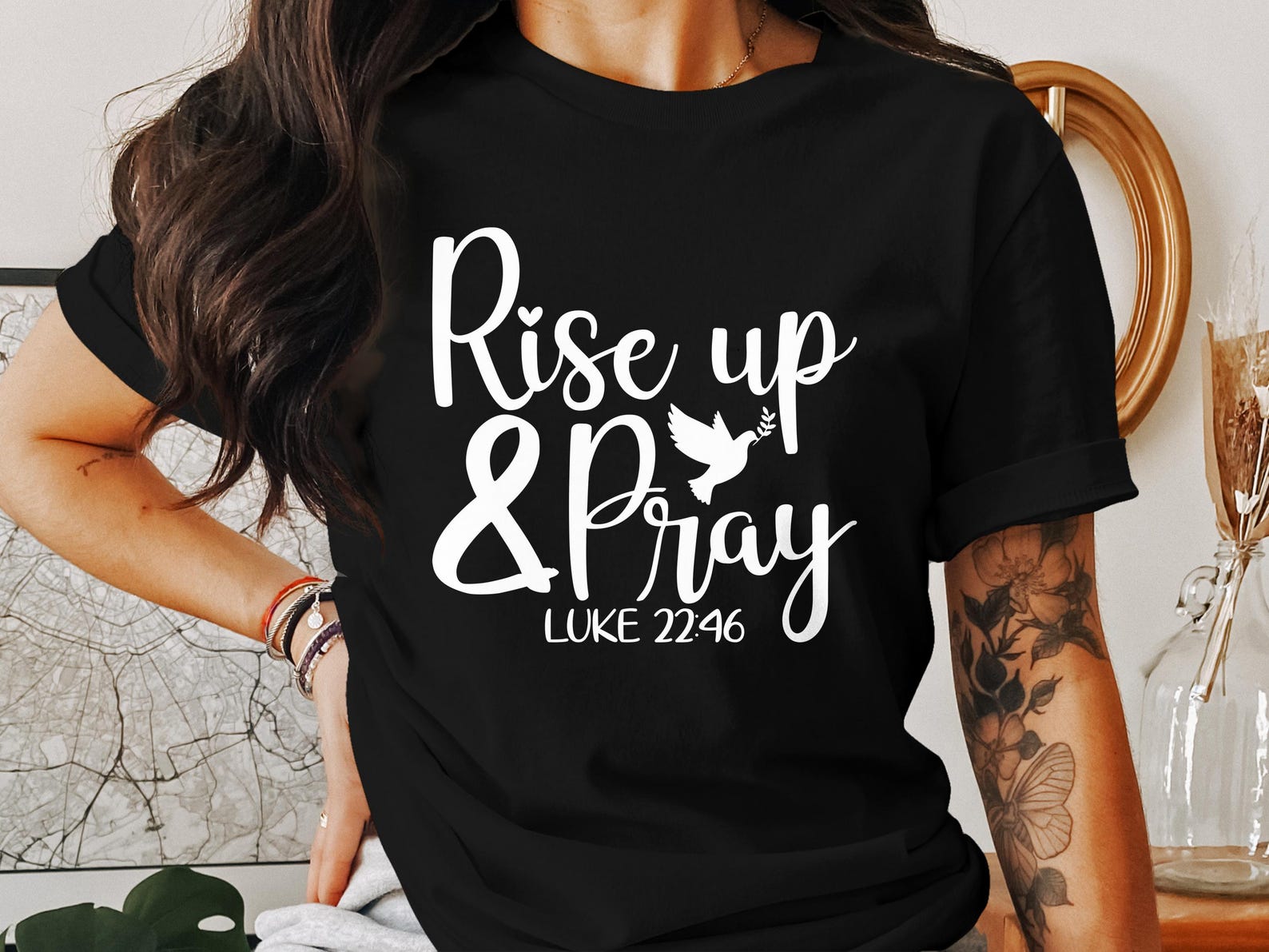 Rise Up and Pray T-Shirts, Christian Tee, Bible Verse, Luke 22 46, Religious Apparel, God, Dove, Faith Shirts 3XL