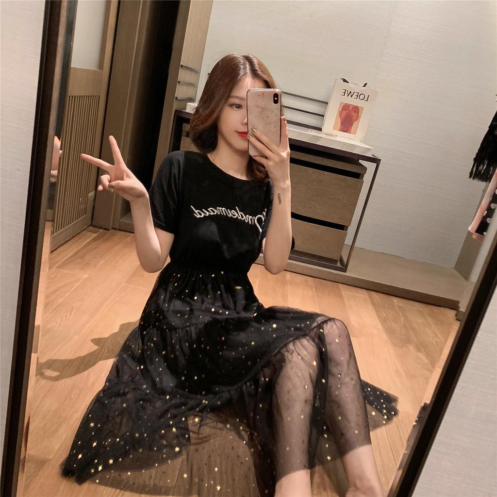 Fake Two-piece Dress Female Summer New Temperament Fairy Skirt Sequined Medium and Long Mesh Skirt Women's Clothing