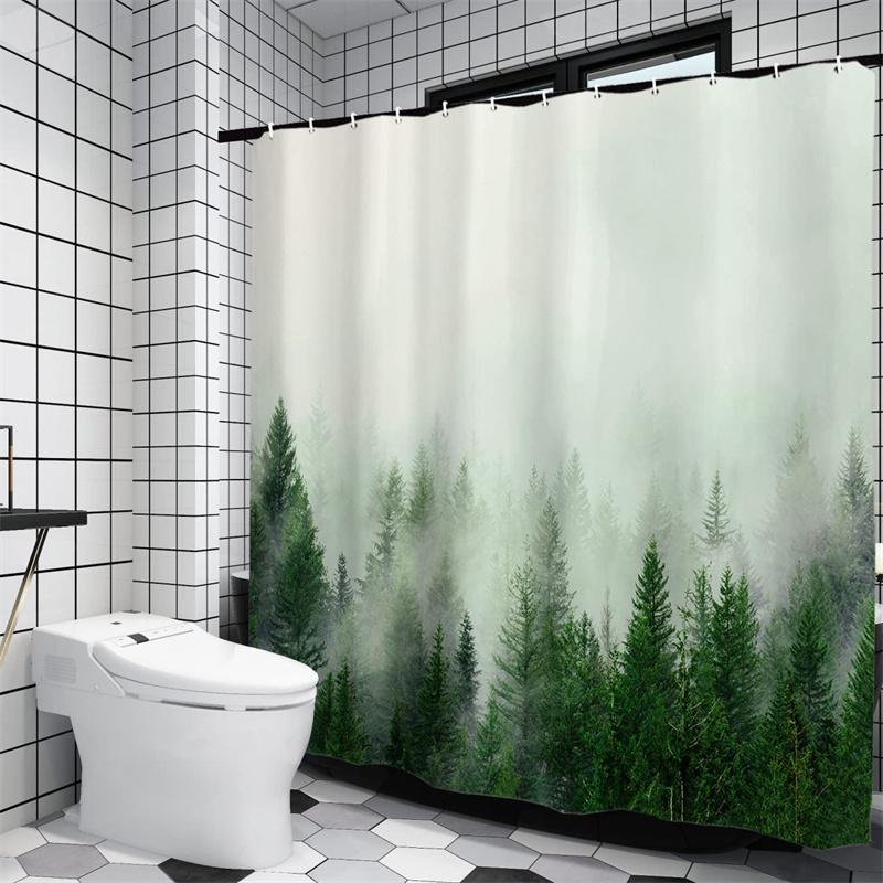 Forest Green Shower Curtain With Hooks, Extra Long, Mold And Mildew Resistant, Bath Liner, Tree Print