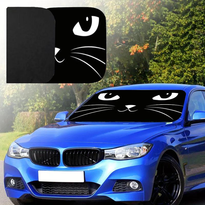 1Pcs Black Cat Pattern Windshield Sunshade UV Rays Heat Blocker Keeps Vehicle Cool Unique Design Fit Sedans SUVs Trucks RVs