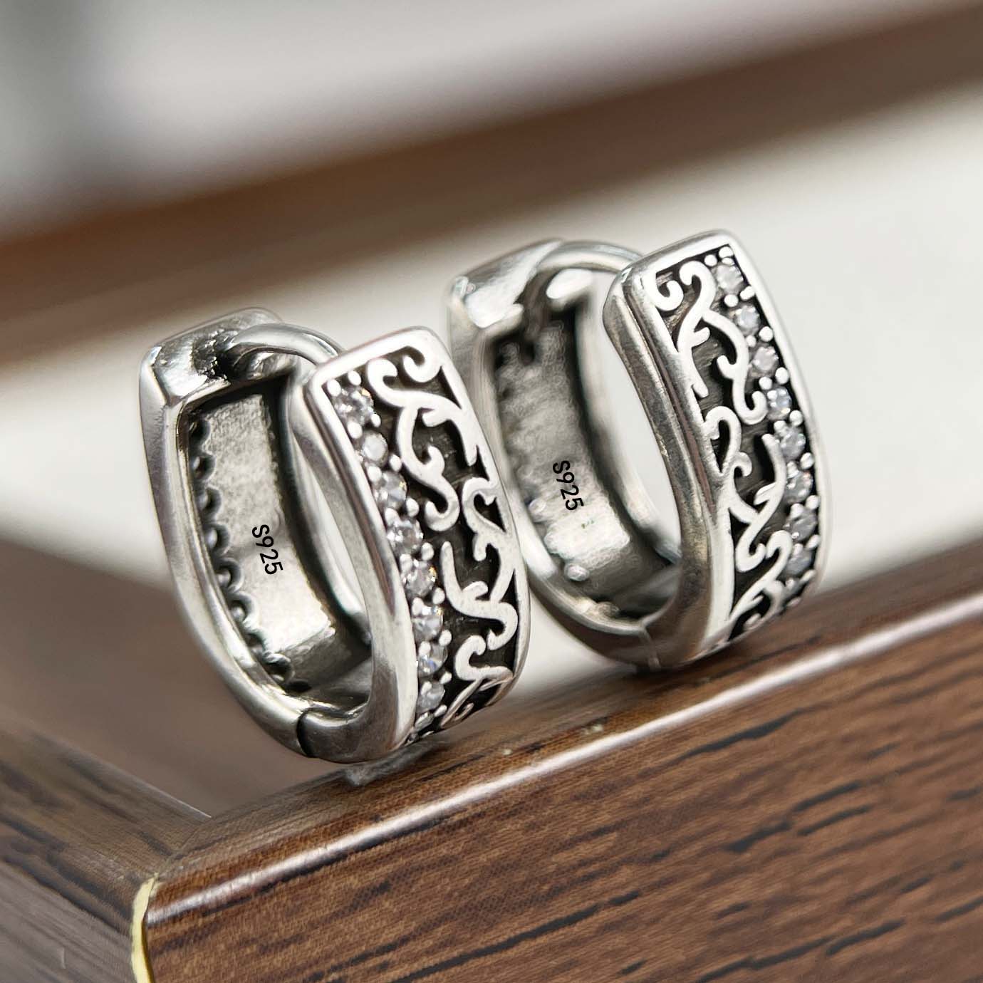 

925 Sterling Silver Earrings For Women Trendy Geometric Retro Zircon Earring Jewelry Prevent Allergy Party Gift Accessories