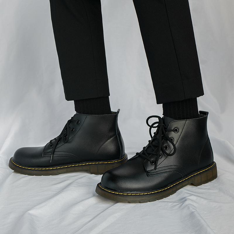 

Мужские черные высокие ботинки Martin: Британский стиль, осенние кожаные мотоциклетные туфли, гонконгская мода, модная рабочая одежда, выбор пар. 42 Men s